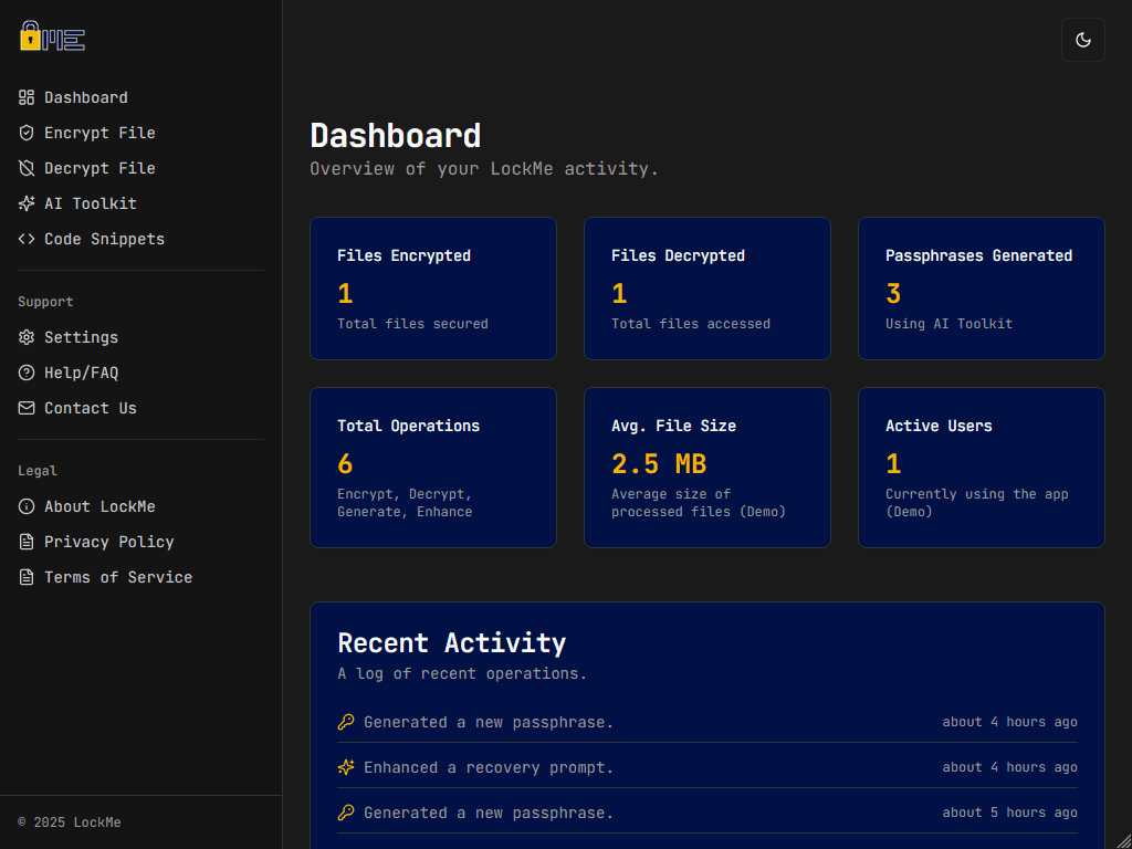 LockMe App Screenshot 1 - Main Dashboard